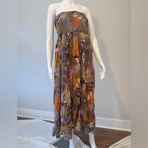 Floral Strapless Boho Maxi Dress with Mustard & Green Accents